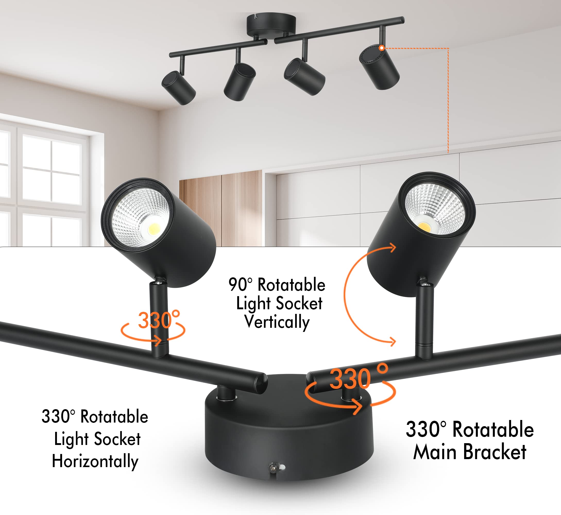 CLOUDY BAY 30W 4-Head LED Dimmable Track Light Kit,3000K/4000K/5000K Selectable 2400lm CRI90,Flexibly Rotatable Light Head for Accent Decorative Lighting,Black - Image 5