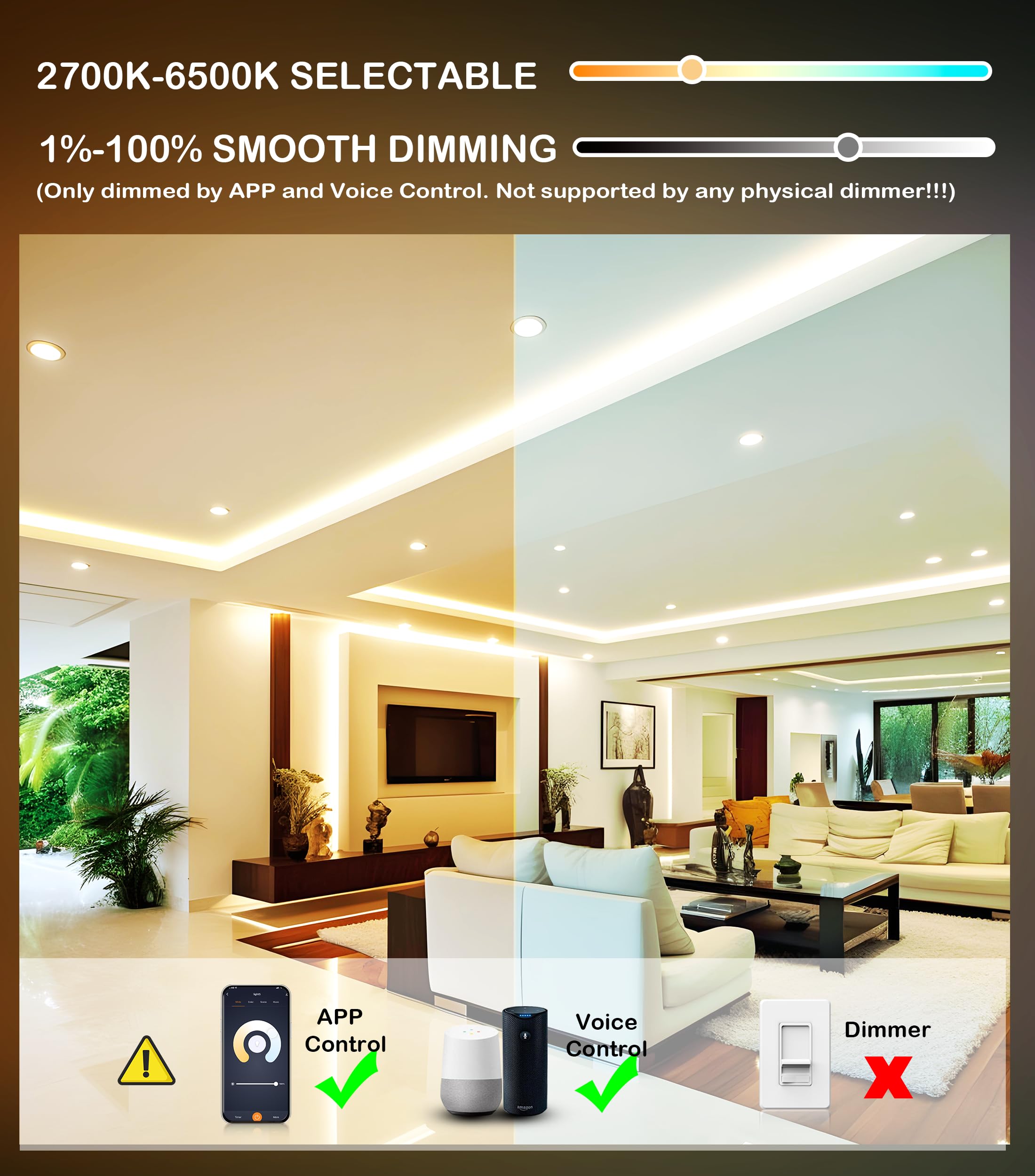 CLOUDY BAY 6inch Smart WiFi LED Recessed Lighting,RGBCW Color Changing, Compatible with Alexa and Google Home Assistant, No Hub Required,15W 2700K-6500K,CRI90+,1 Pack - Image 4