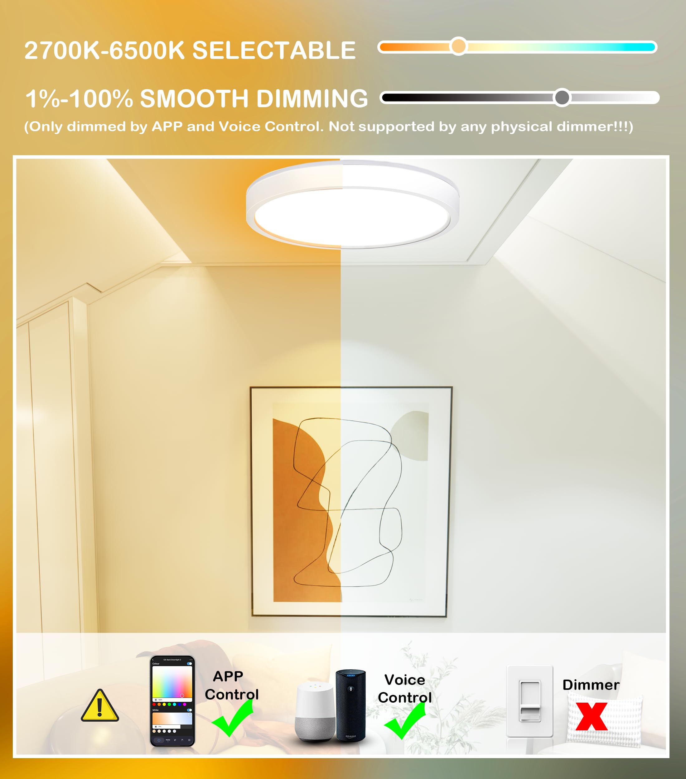 CLOUDY BAY 8 Inch LED Smart Ceiling Light,Flush Mount Ceiling Fixture,15W 2700-6500K CCT,2W RGB,Compatible with Alexa and Google Home Assistant,White Finish - Image 4