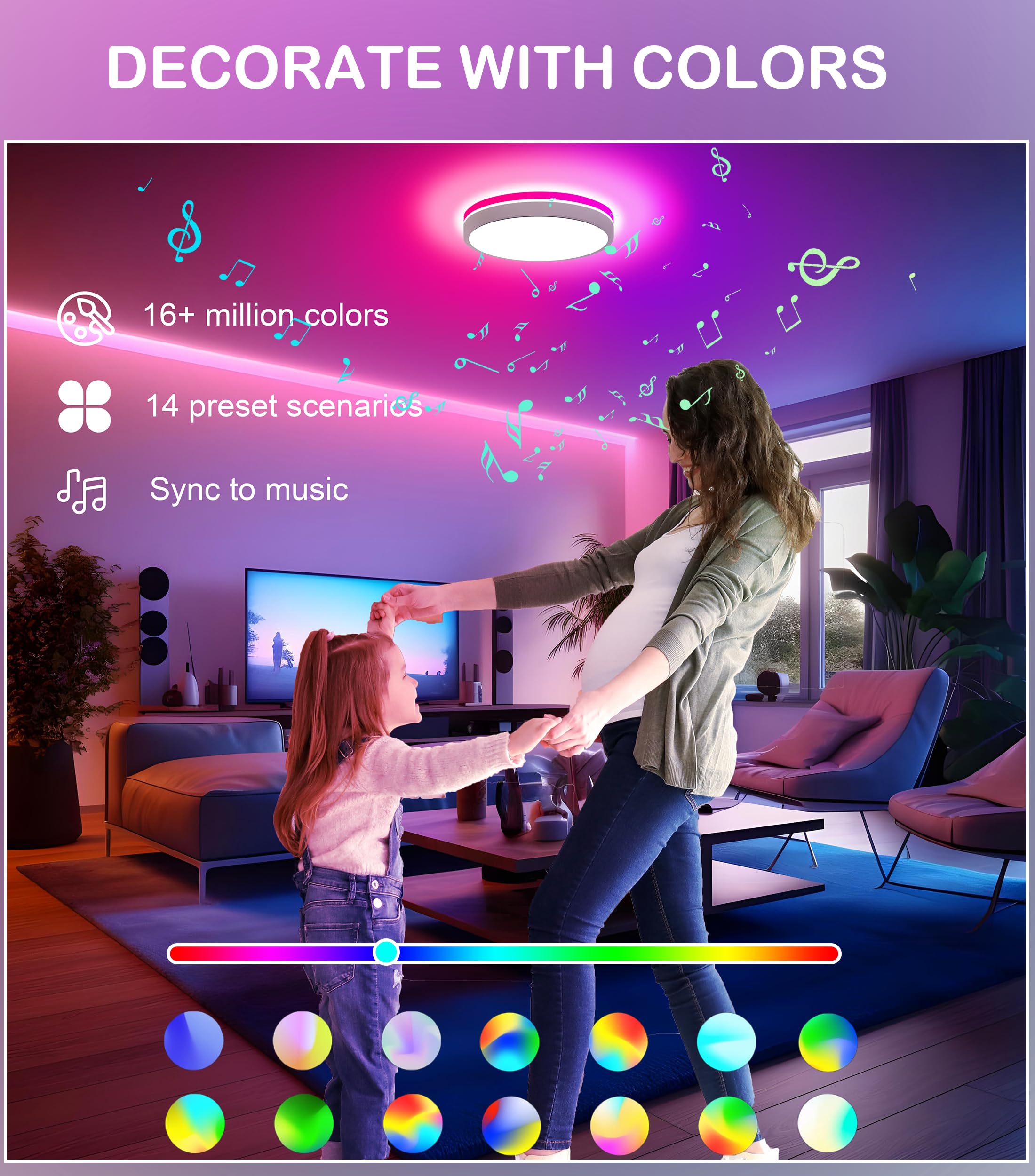 CLOUDY BAY 8 Inch LED Smart Ceiling Light,Flush Mount Ceiling Fixture,15W 2700-6500K CCT,2W RGB,Compatible with Alexa and Google Home Assistant,White Finish - Image 5