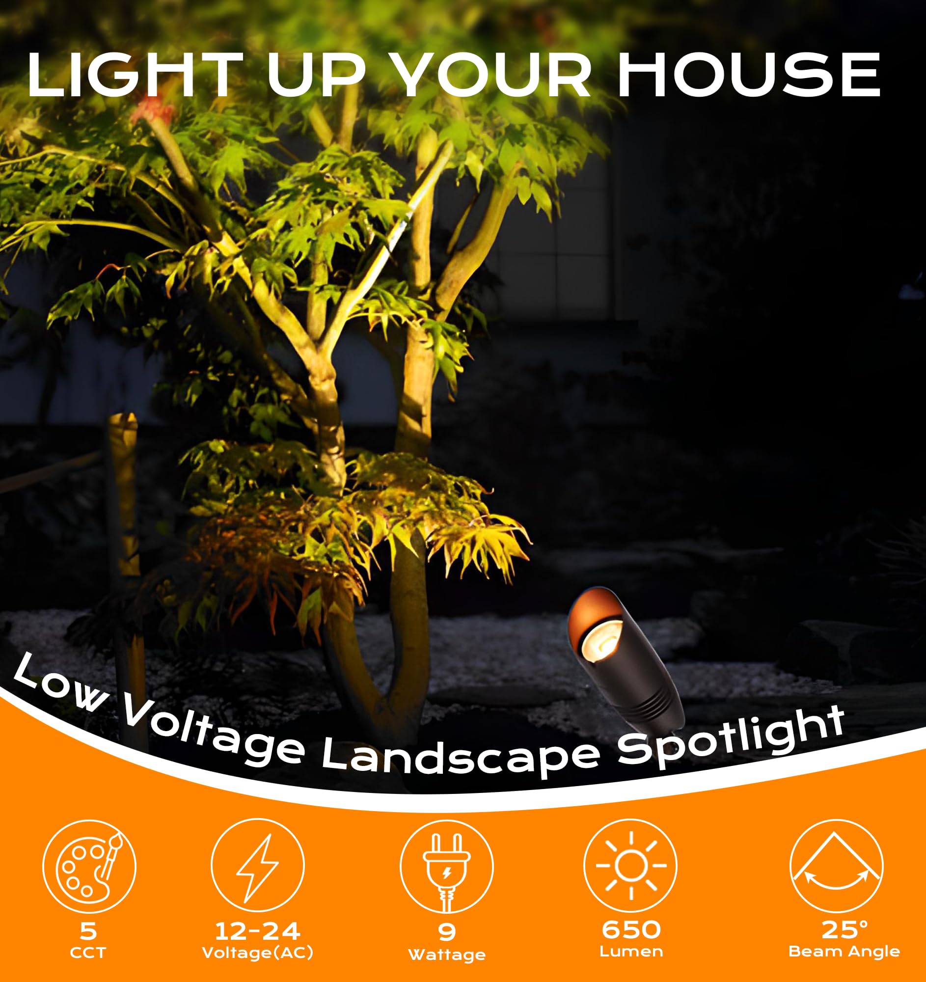 CLOUDY BAY 9W 5CCT LED Landscape Lighting Low Voltage (AC/DC 12V) Outdoor Spotlights with Spike Stand,Waterproof Pathway Lights,2200K/2700K/3000K/4000K/5000K Selectable,Pack of 4,Bronze - Image 5
